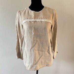 J. Crew Linen Shirt Women’s 2 100% Linen Tan Embroidered Detail